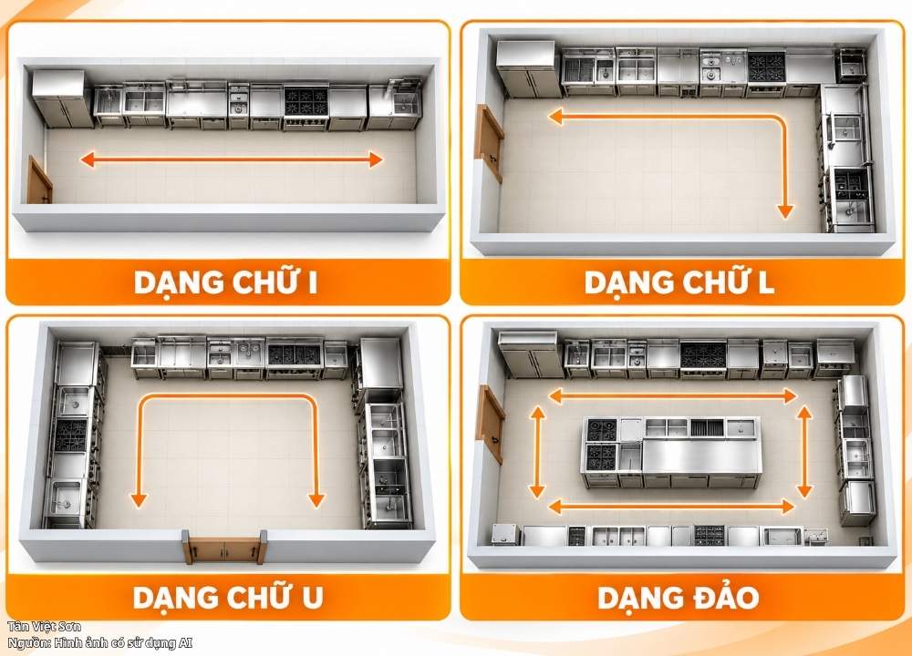mô hình mặt bằng khi bố trí bếp công nghiệp