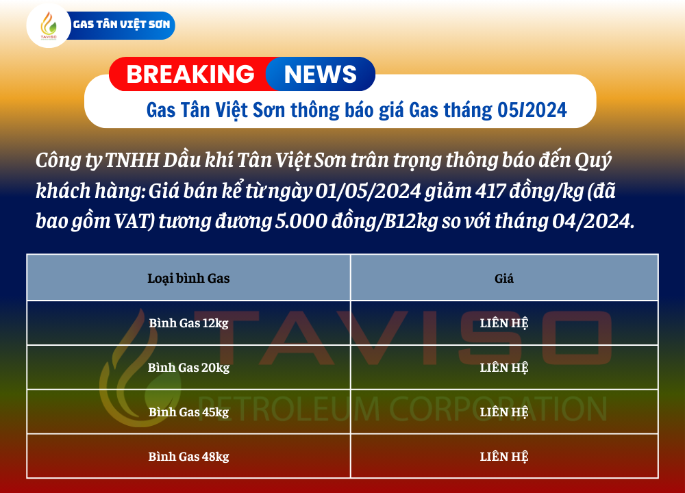 Tân Việt Sơn báo giá gas tháng 5/2024