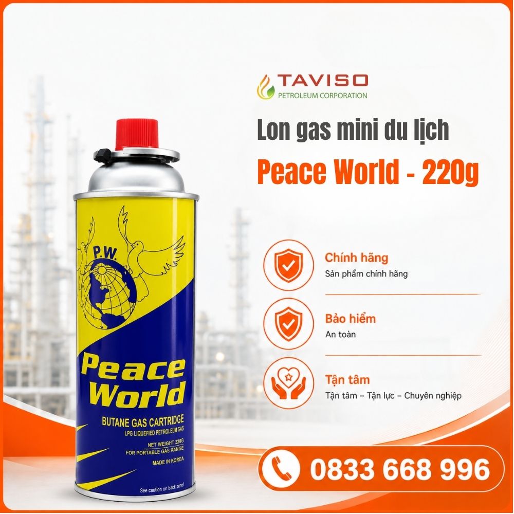 Peace World - 220g Bình Gas Mini - Lon Gas Du Lịch Peace World (Korea) An Toàn