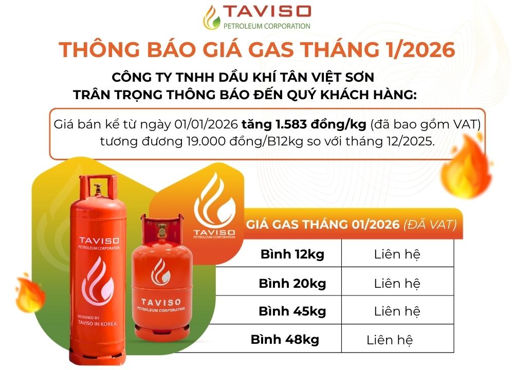 Thông Báo Cập Nhật Giá Gas Tháng 01/2026 Tân Việt Sơn